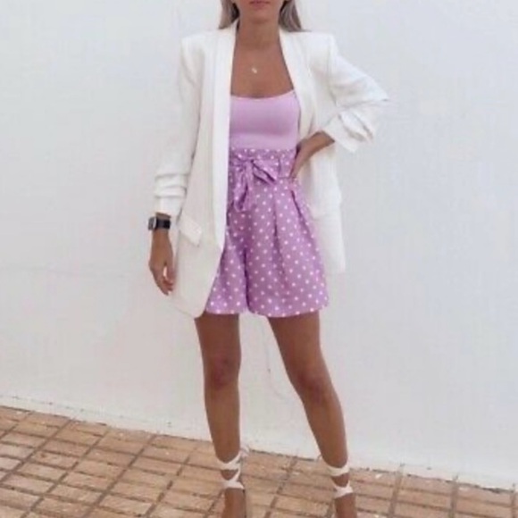 Zara Pants - ZARA Lilac & White Polka Dot High Waisted Flowy Satin‎ Belted Paperbag Shorts XS